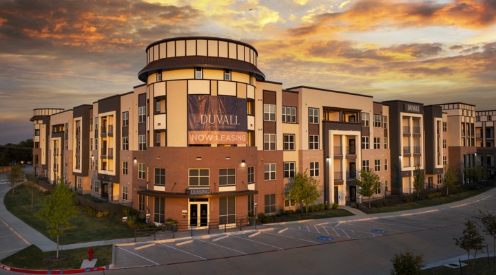 Sunset exterior view of The Duvall